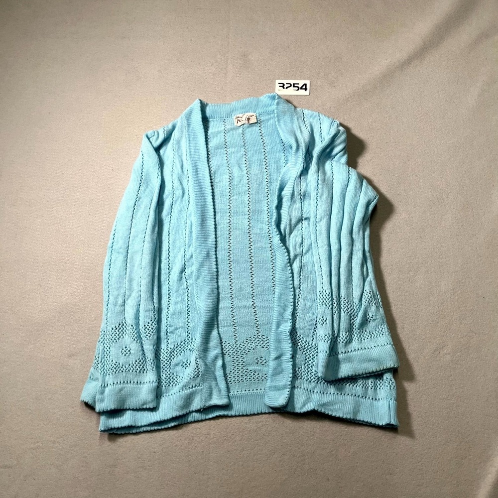 VTG Rochelle California Cardigan Sweater Women Large Blue Pointelle Knit Crochet